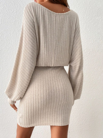 Round Neck Tie Waist Long Sleeve Mini Dress - Free Shipping - Aurelia Clothing