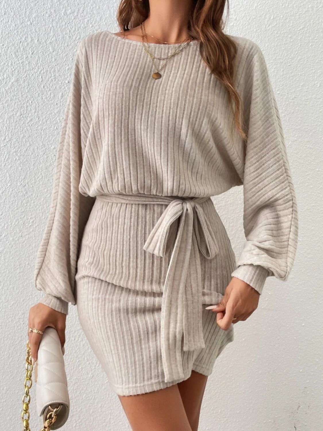 Round Neck Tie Waist Long Sleeve Mini Dress - Free Shipping - Aurelia Clothing