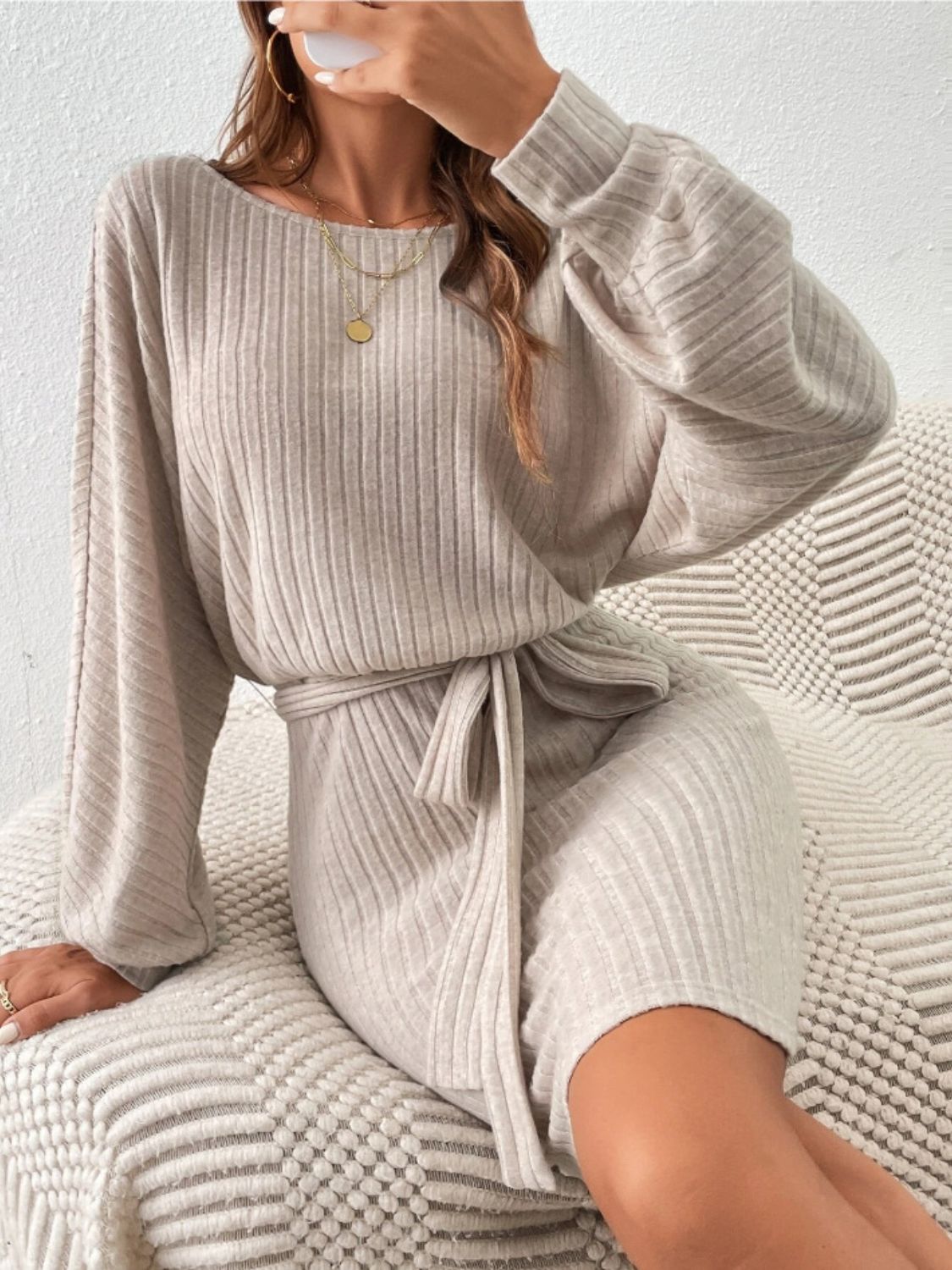 Round Neck Tie Waist Long Sleeve Mini Dress - Free Shipping - Aurelia Clothing