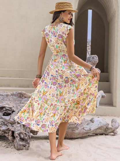 Ruched Printed Cap Sleeve Midi Dress - Aurelia Clothing