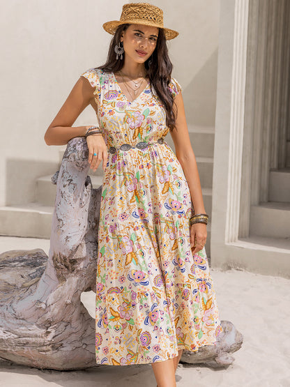 Ruched Printed Cap Sleeve Midi Dress - Aurelia Clothing