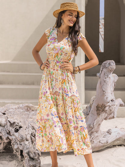 Ruched Printed Cap Sleeve Midi Dress - Aurelia Clothing