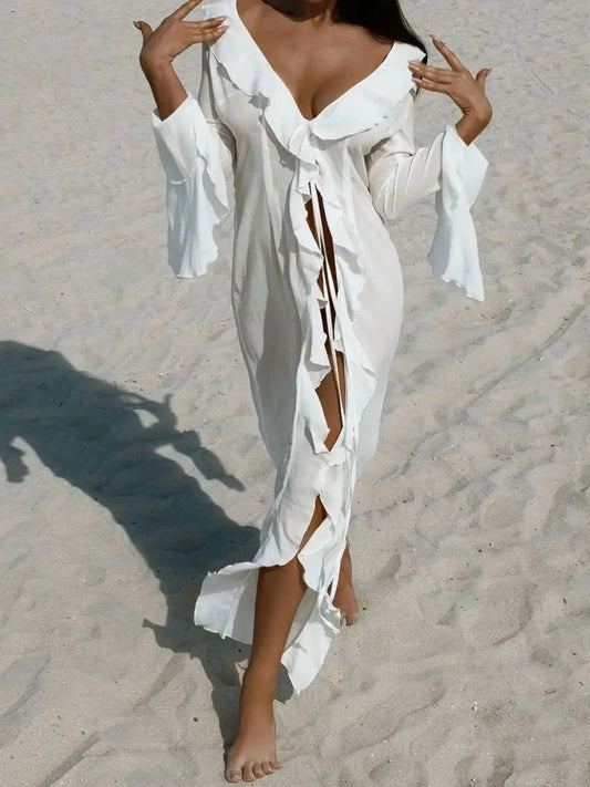 Ruffled Long Sleeve Cover-Up Dress-Free Shipping - Aurelia Clothing