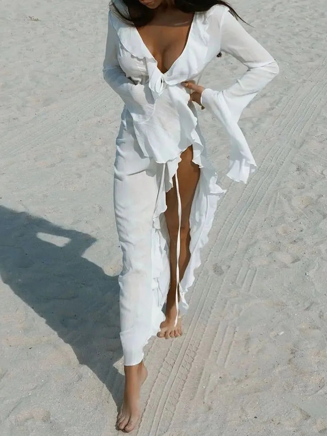 Ruffled Long Sleeve Cover-Up Dress-Free Shipping - Aurelia Clothing