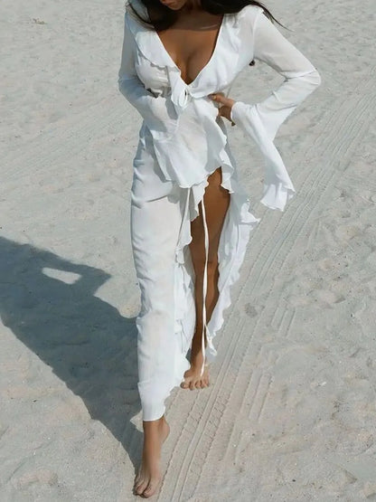 Ruffled Long Sleeve Cover-Up Dress-Free Shipping - Aurelia Clothing