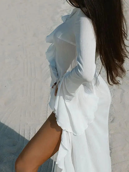 Ruffled Long Sleeve Cover-Up Dress-Free Shipping - Aurelia Clothing