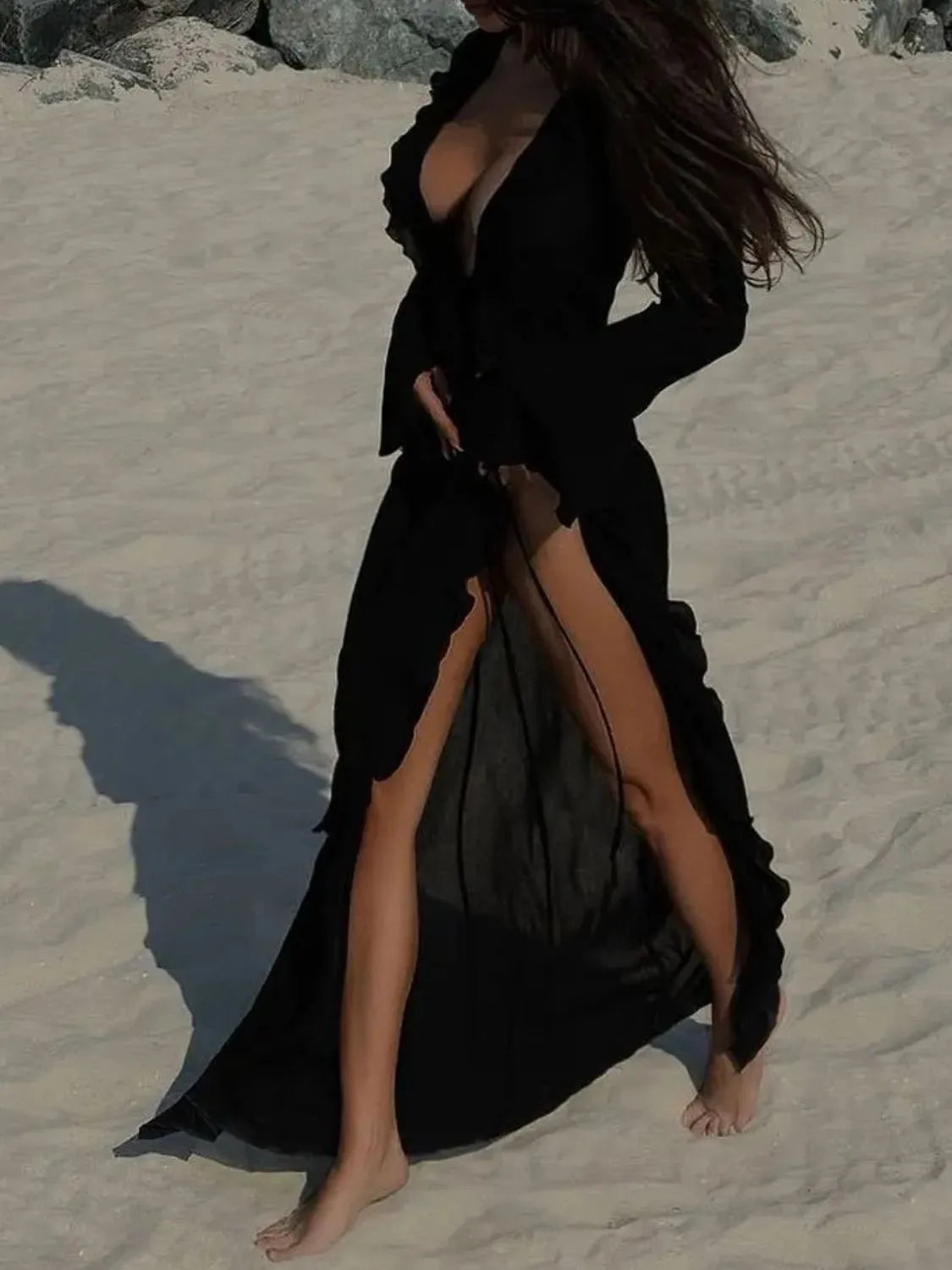 Ruffled Long Sleeve Cover-Up Dress-Free Shipping - Aurelia Clothing