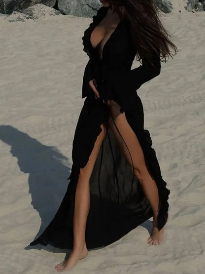 Ruffled Long Sleeve Cover-Up Dress-Free Shipping - Aurelia Clothing