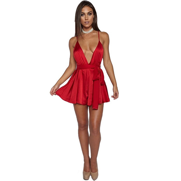 Satin deep V-low cut long lace up tied skirt pants with bare back short suspender dress - Free Shipping - Aurelia Clothing