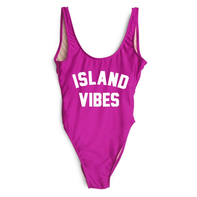 Sexy Swimwear Women ISLAND VIBES Letter Print Swimwear Women High Cut Low Back Bathing Suits - Free Shipping - Aurelia Clothing
