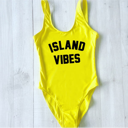 Sexy Swimwear Women ISLAND VIBES Letter Print Swimwear Women High Cut Low Back Bathing Suits - Free Shipping - Aurelia Clothing