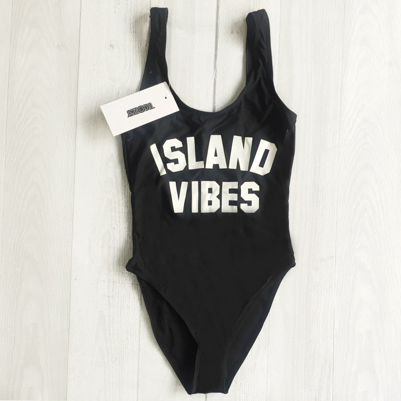 Sexy Swimwear Women ISLAND VIBES Letter Print Swimwear Women High Cut Low Back Bathing Suits - Free Shipping - Aurelia Clothing