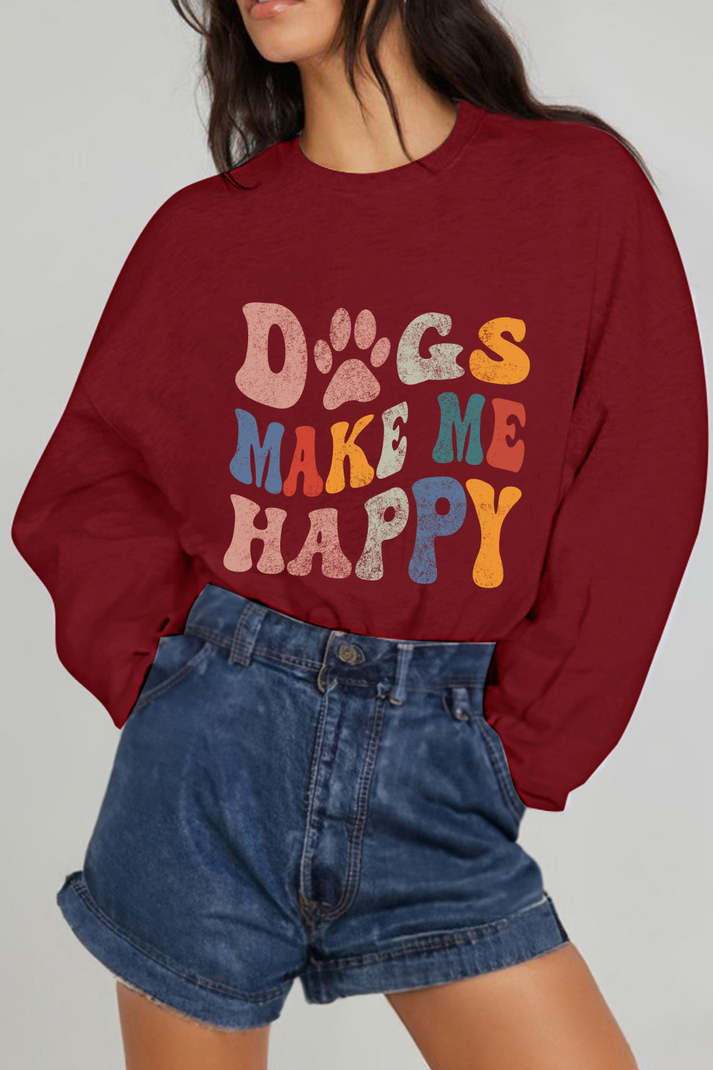 Simply Love Full Size DOGS MAKE ME HAPPY Graphic Sweatshirt - Aurelia Clothing