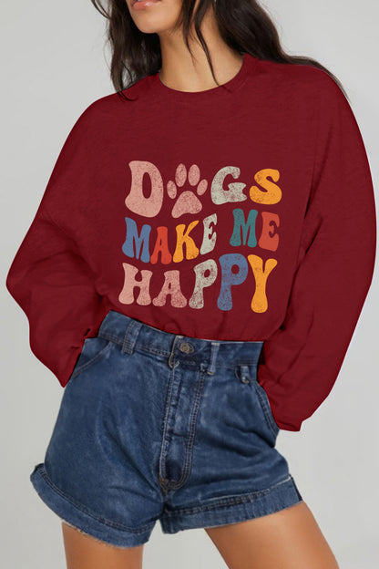 Simply Love Full Size DOGS MAKE ME HAPPY Graphic Sweatshirt - Aurelia Clothing