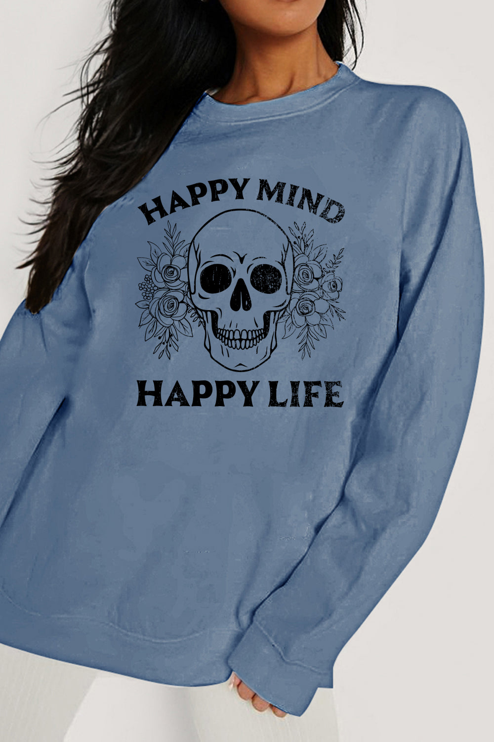 Simply Love Full Size HAPPY MIND HAPPY LIFE SKULL Graphic Sweatshirt - Aurelia Clothing