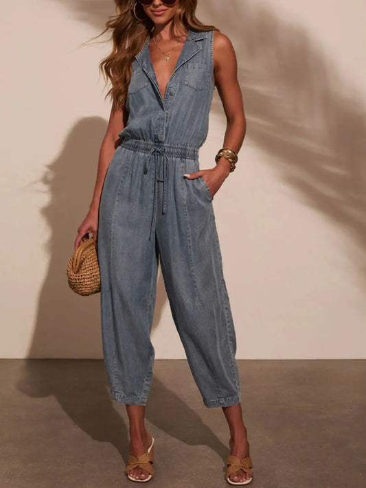 Sleeveless Drawstring Waist Washed Denim Jumpsuit - Free Shipping - Aurelia Clothing