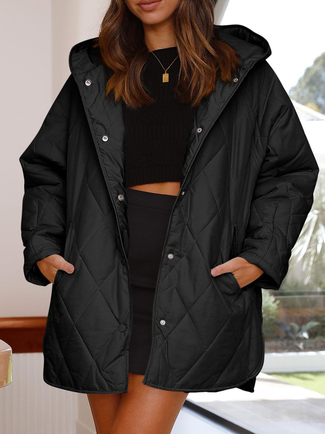 Slit Snap Down Long Sleeve Hooded Jacket - Aurelia Clothing