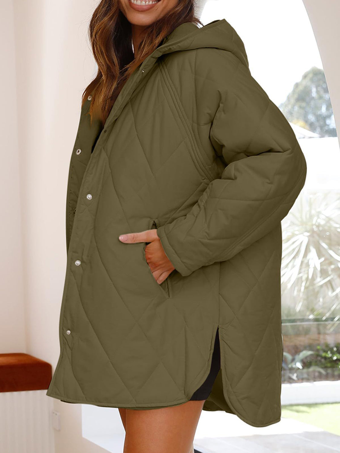 Slit Snap Down Long Sleeve Hooded Jacket - Aurelia Clothing