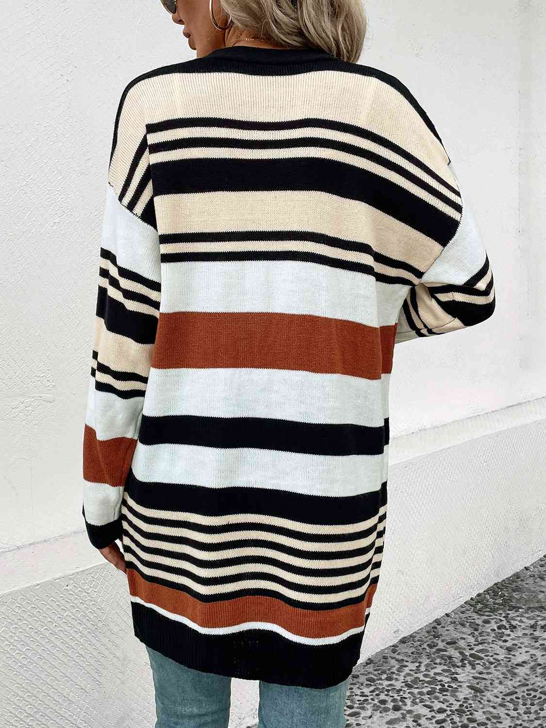 Striped Open Front Drop Shoulder Cardigan - Free Shipping - Aurelia Clothing