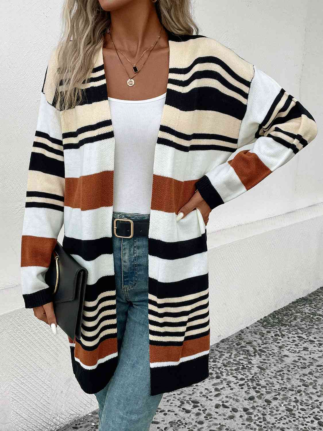 Striped Open Front Drop Shoulder Cardigan - Free Shipping - Aurelia Clothing