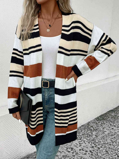 Striped Open Front Drop Shoulder Cardigan - Free Shipping - Aurelia Clothing