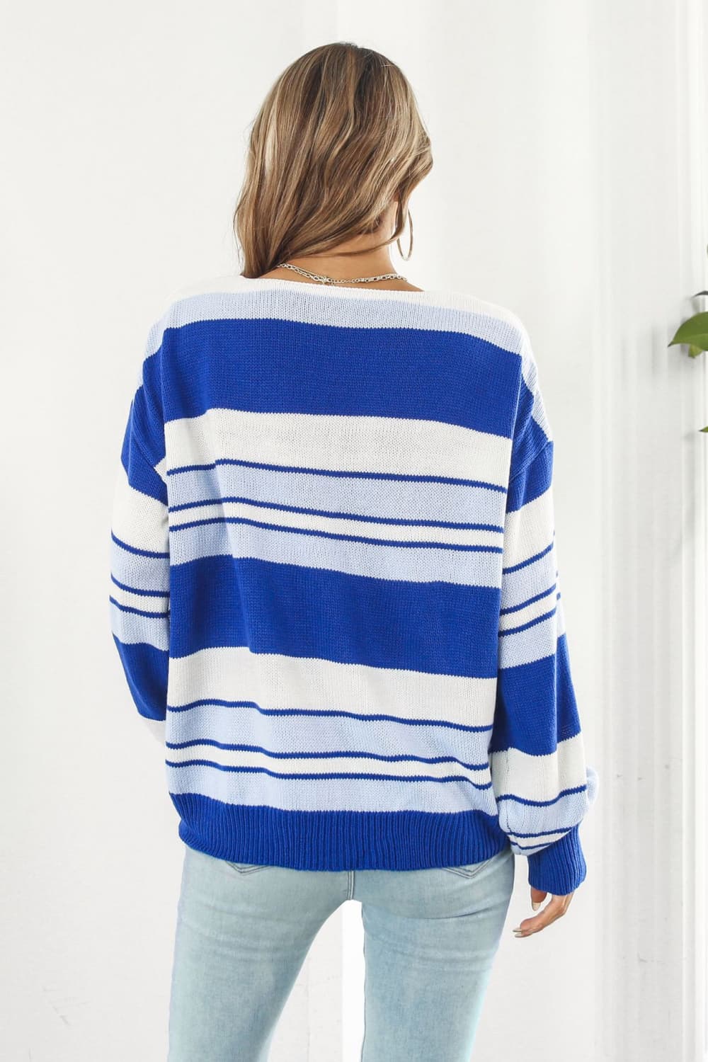 Striped V-Neck Dropped Shoulder Sweater - Aurelia Clothing