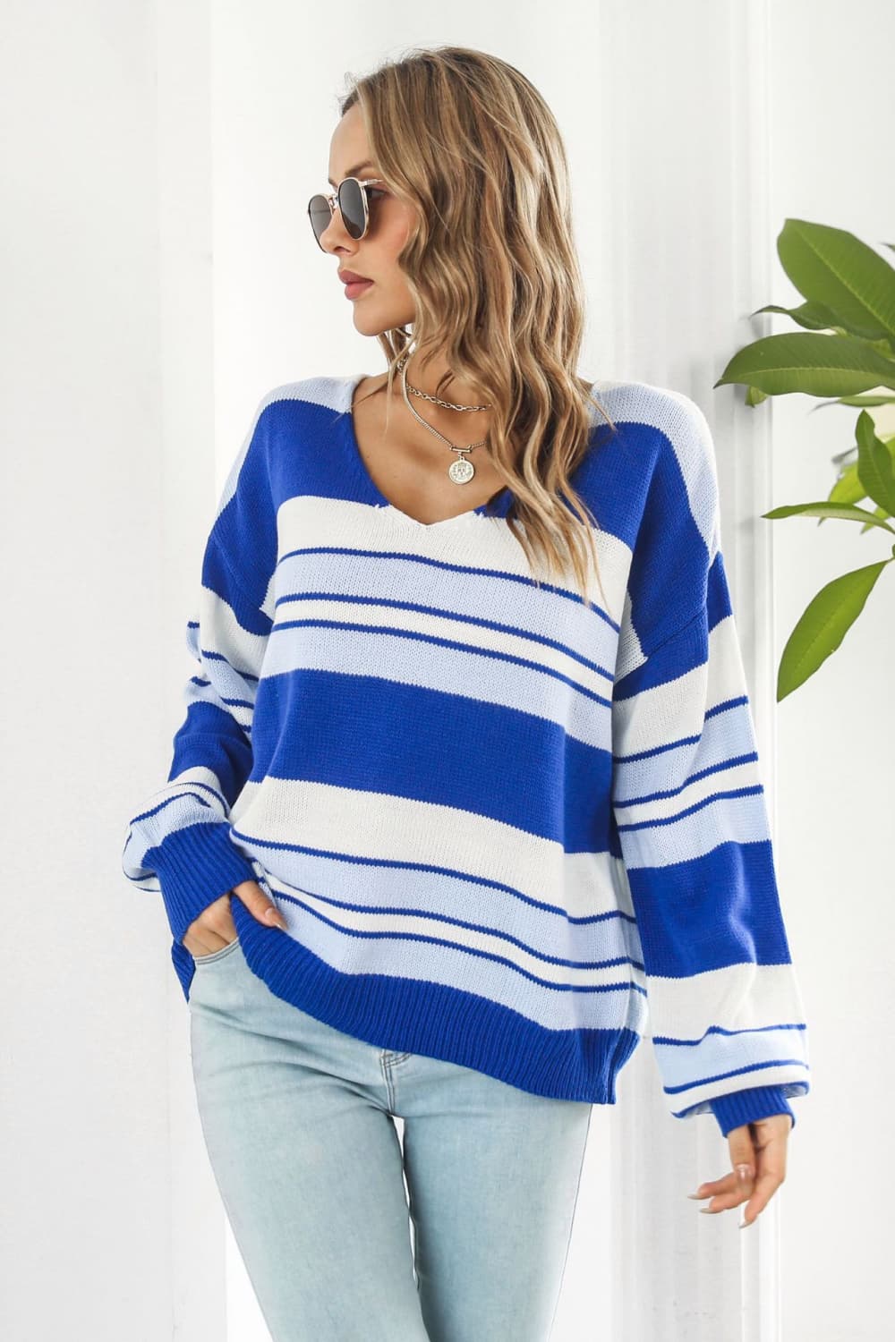 Striped V-Neck Dropped Shoulder Sweater - Aurelia Clothing