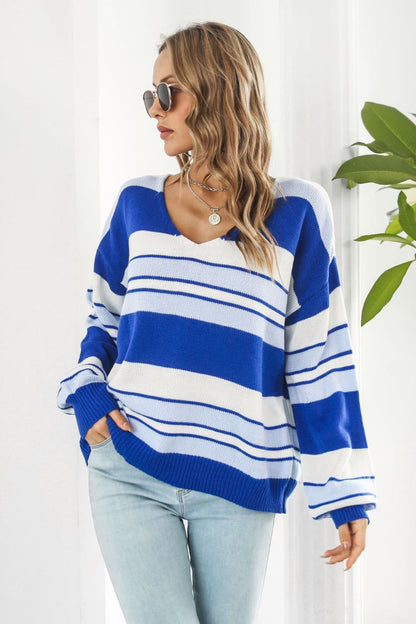 Striped V-Neck Dropped Shoulder Sweater - Aurelia Clothing