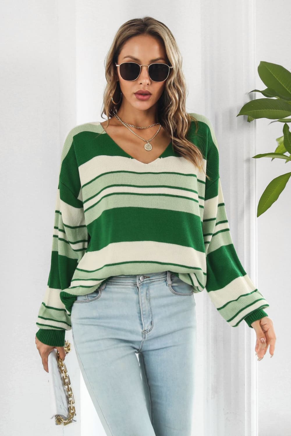 Striped V-Neck Dropped Shoulder Sweater - Aurelia Clothing