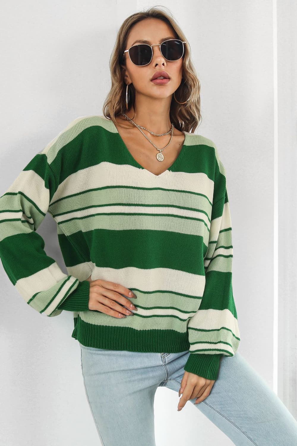 Striped V-Neck Dropped Shoulder Sweater - Aurelia Clothing