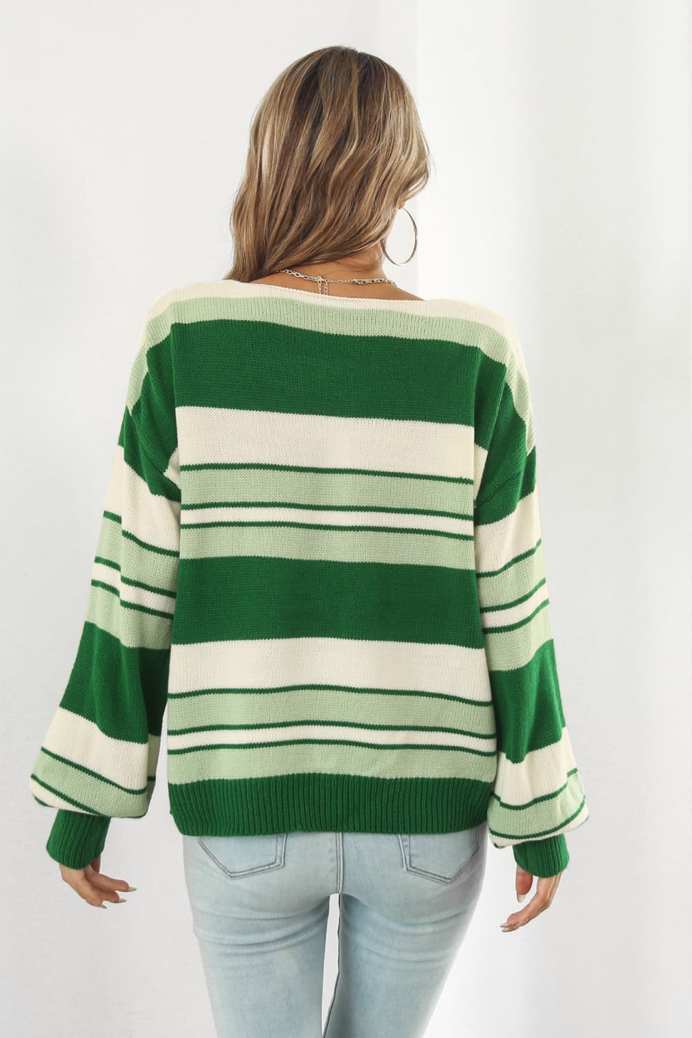Striped V-Neck Dropped Shoulder Sweater - Aurelia Clothing