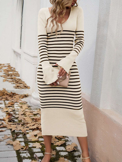 Striped V-Neck Long Sleeve Sweater Dress - Free Shipping - Aurelia Clothing