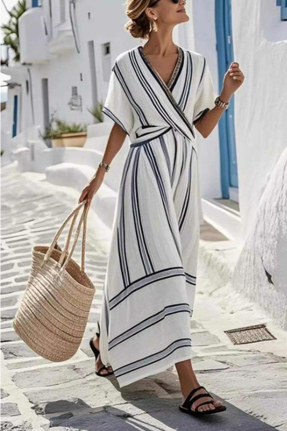 Striped Wrap Half Sleeve Maxi Dress-Free Shipping - Aurelia Clothing