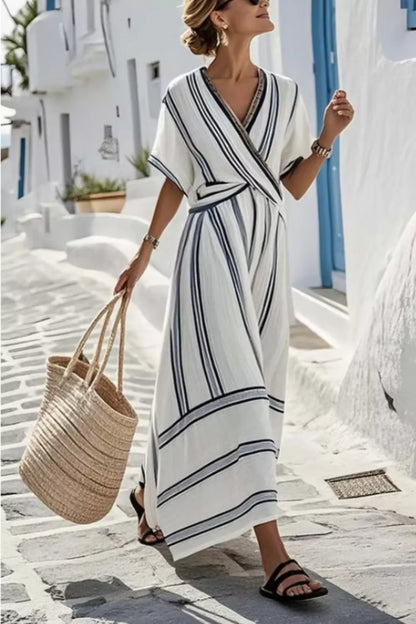 Striped Wrap Half Sleeve Maxi Dress-Free Shipping - Aurelia Clothing