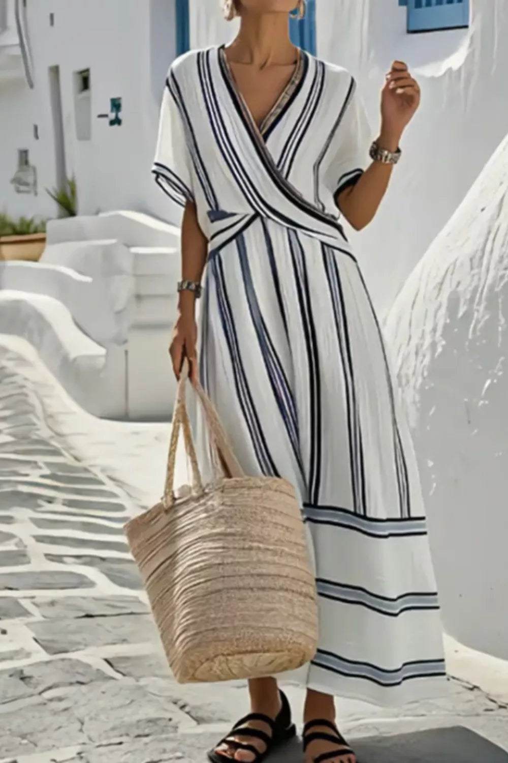 Striped Wrap Half Sleeve Maxi Dress-Free Shipping - Aurelia Clothing