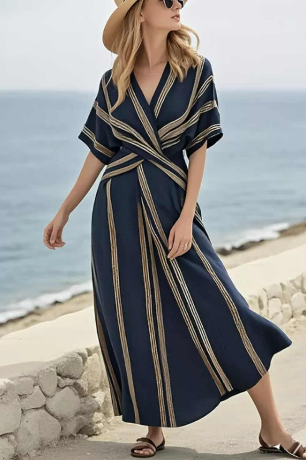 Striped Wrap Half Sleeve Maxi Dress-Free Shipping - Aurelia Clothing