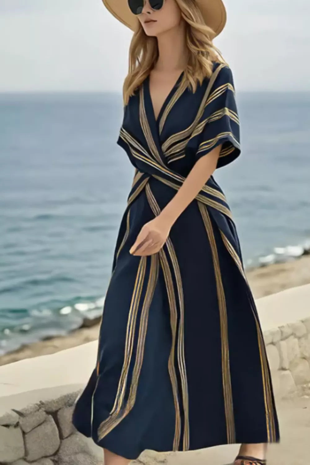 Striped Wrap Half Sleeve Maxi Dress-Free Shipping - Aurelia Clothing