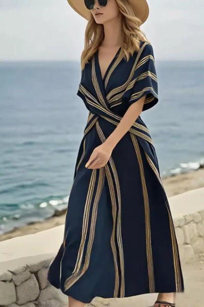 Striped Wrap Half Sleeve Maxi Dress-Free Shipping - Aurelia Clothing