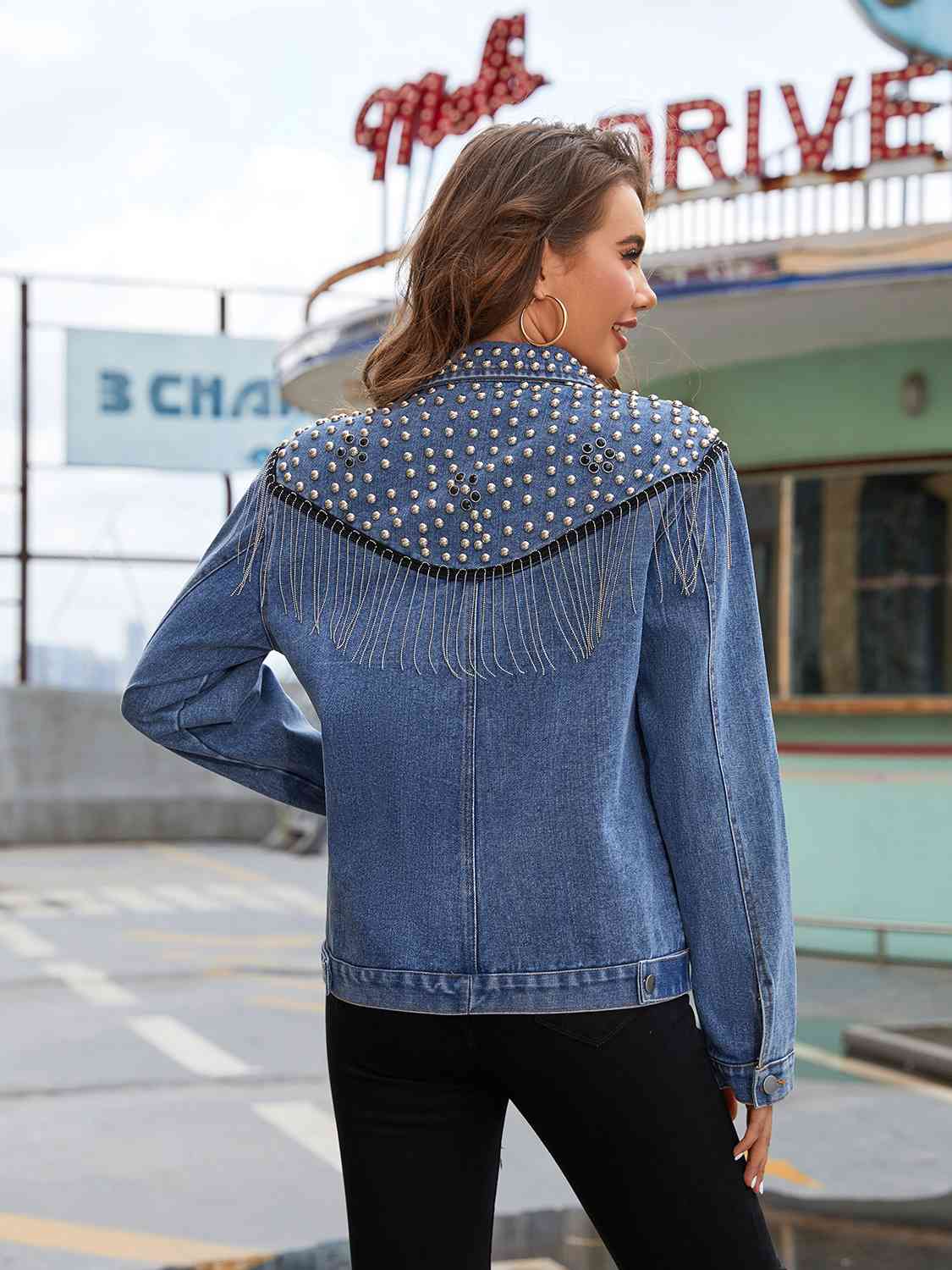 Studded Fringe Button Down Denim Jacket - Aurelia Clothing