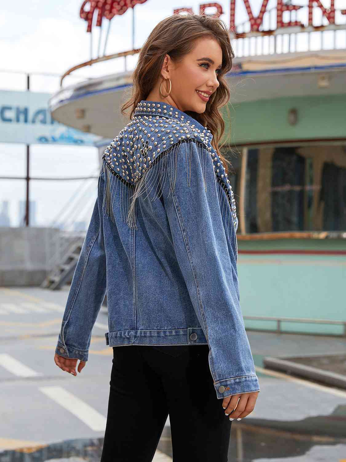 Studded Fringe Button Down Denim Jacket - Aurelia Clothing