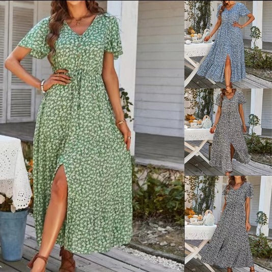 Summer drawstring slit holiday dress long dress - Free Shipping - Aurelia Clothing