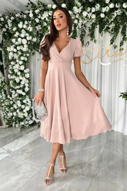 Surplice Puff Sleeve Midi Dress - Aurelia Clothing