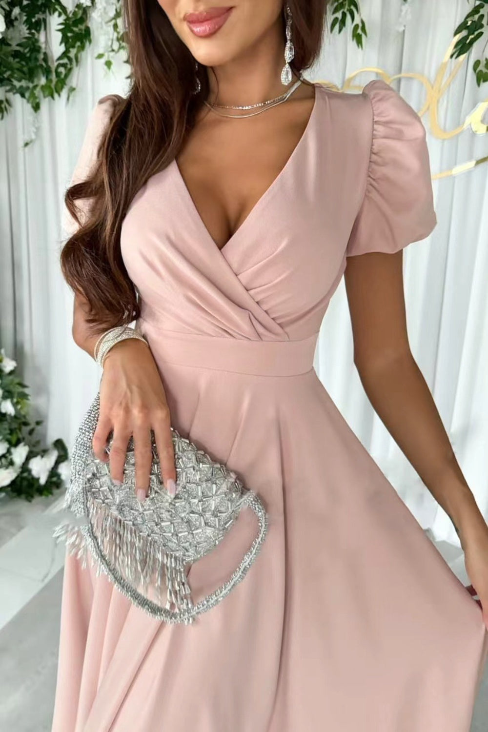 Surplice Puff Sleeve Midi Dress - Aurelia Clothing