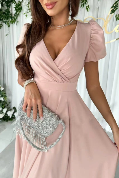 Surplice Puff Sleeve Midi Dress - Aurelia Clothing