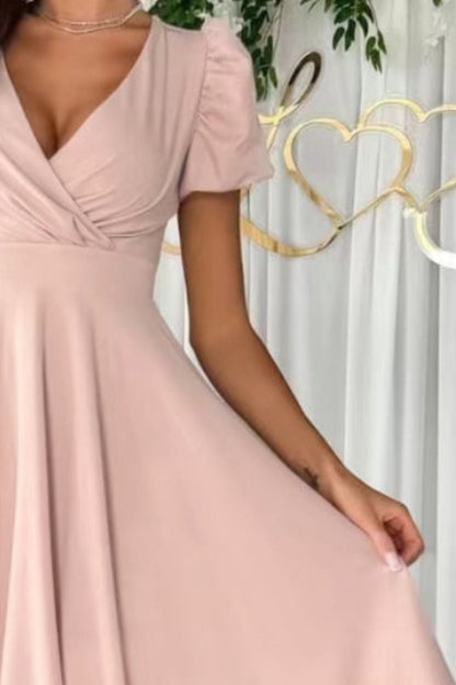 Surplice Puff Sleeve Midi Dress - Aurelia Clothing
