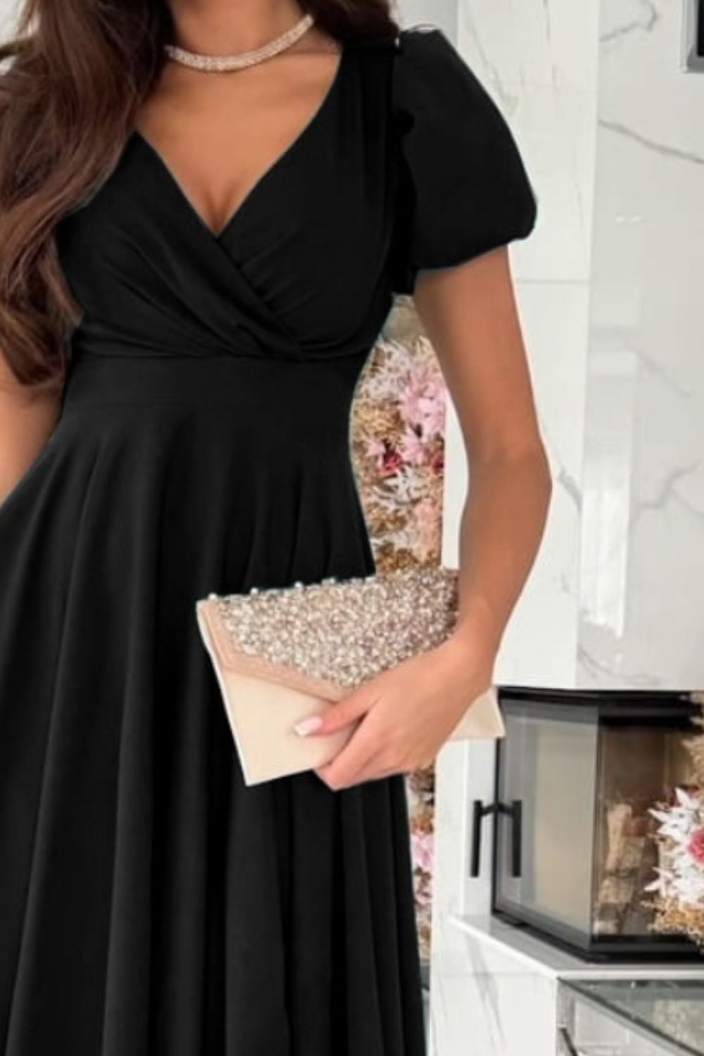 Surplice Puff Sleeve Midi Dress - Aurelia Clothing