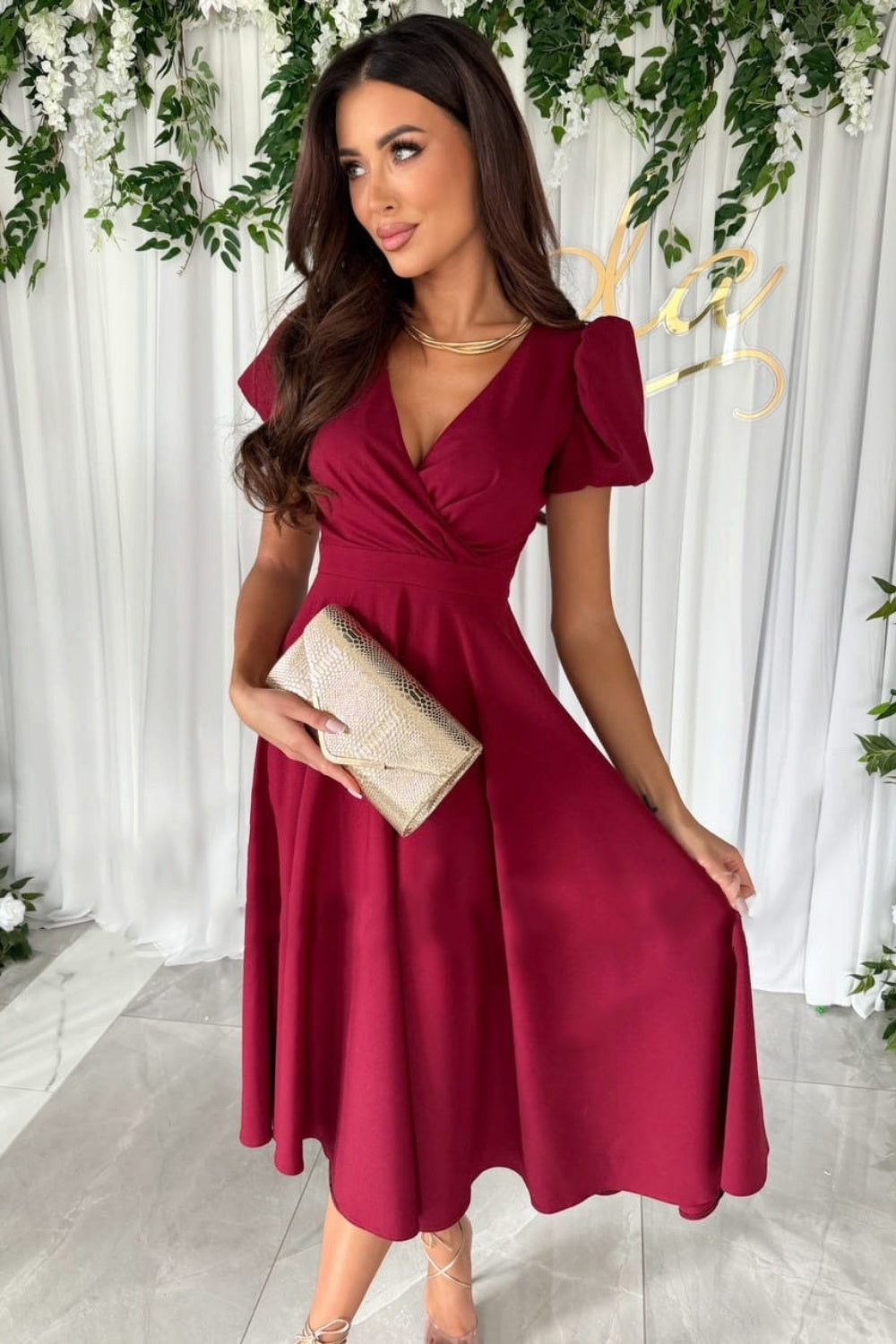 Surplice Puff Sleeve Midi Dress - Aurelia Clothing