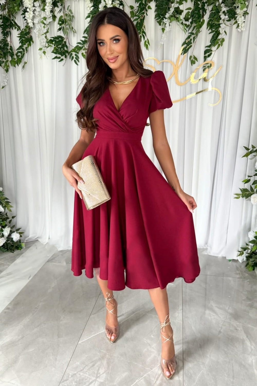 Surplice Puff Sleeve Midi Dress - Aurelia Clothing