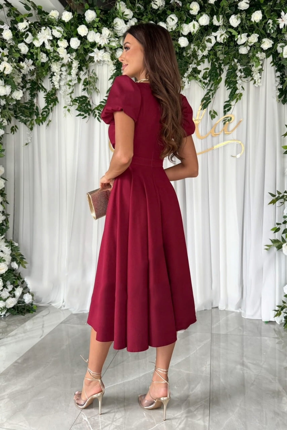 Surplice Puff Sleeve Midi Dress - Aurelia Clothing