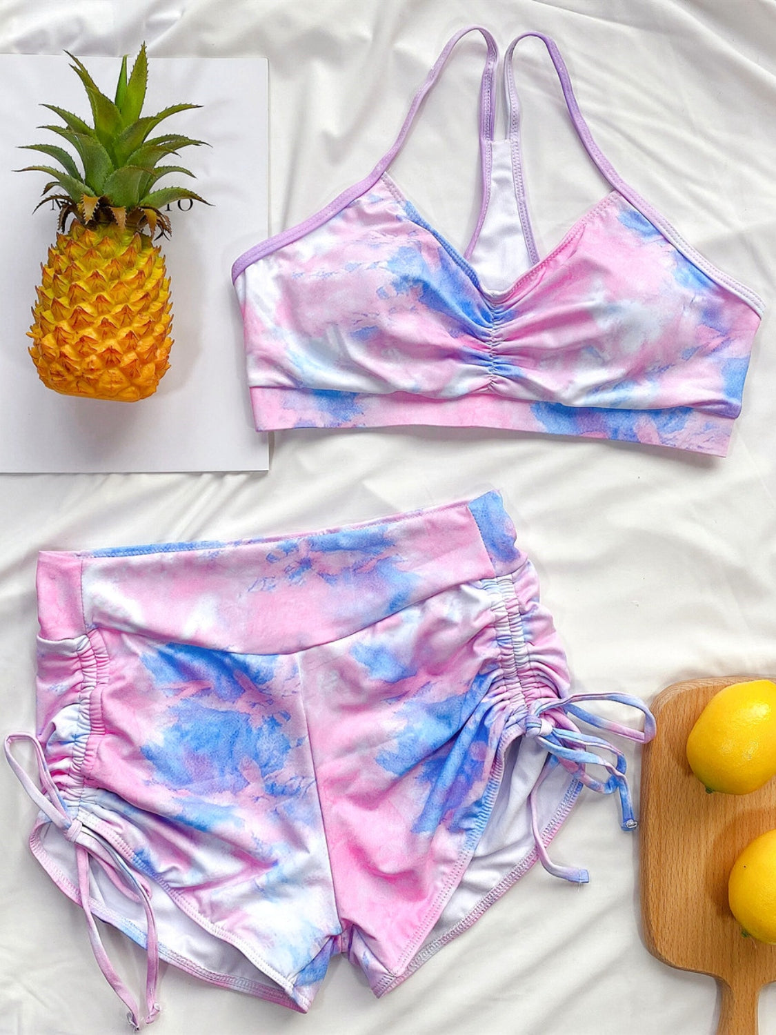 Tie-Dye Spaghetti Strap Top and Drawstring Shorts Swim Set - Aurelia Clothing